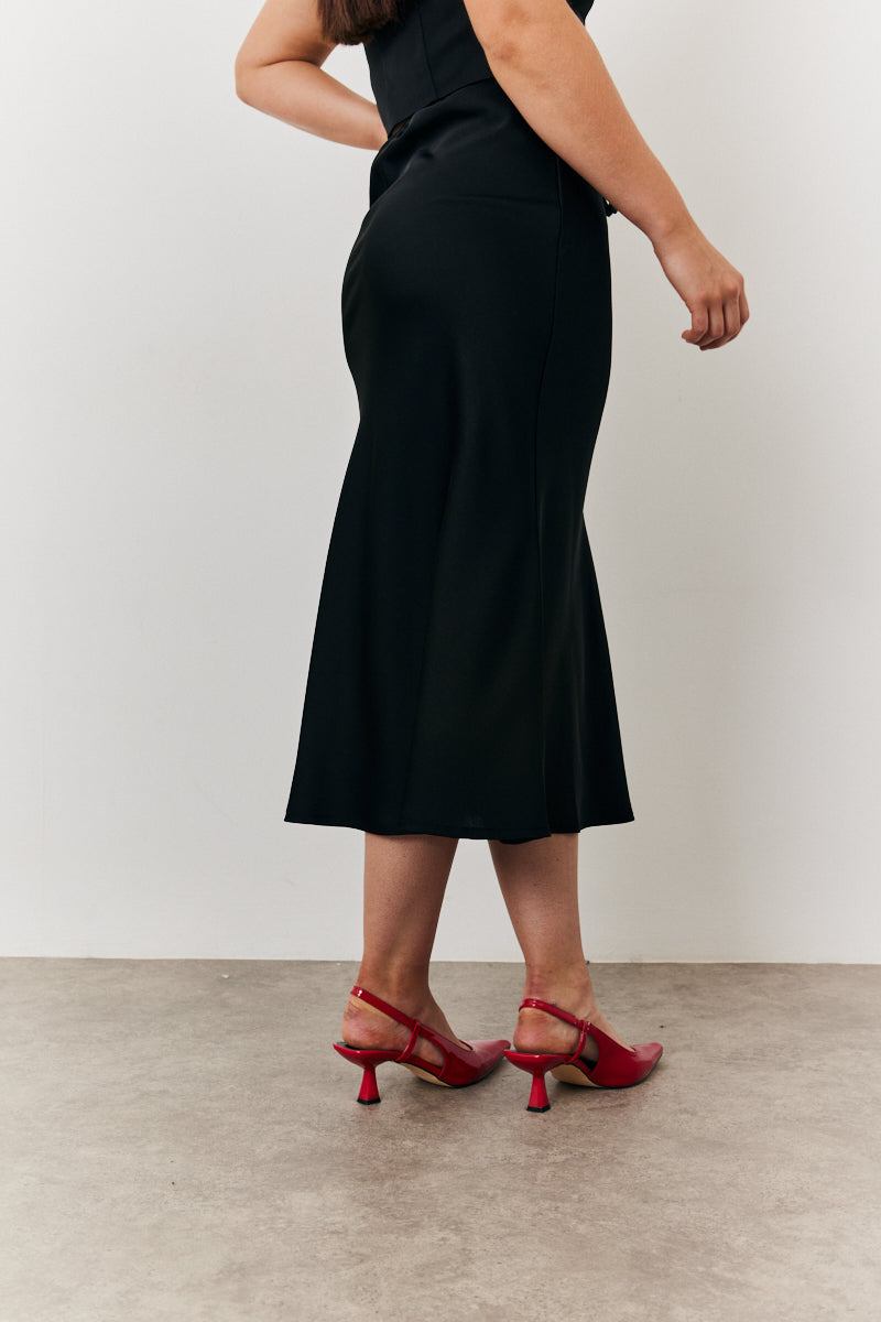 Midi Satin Slip Skirt with Tie Waist