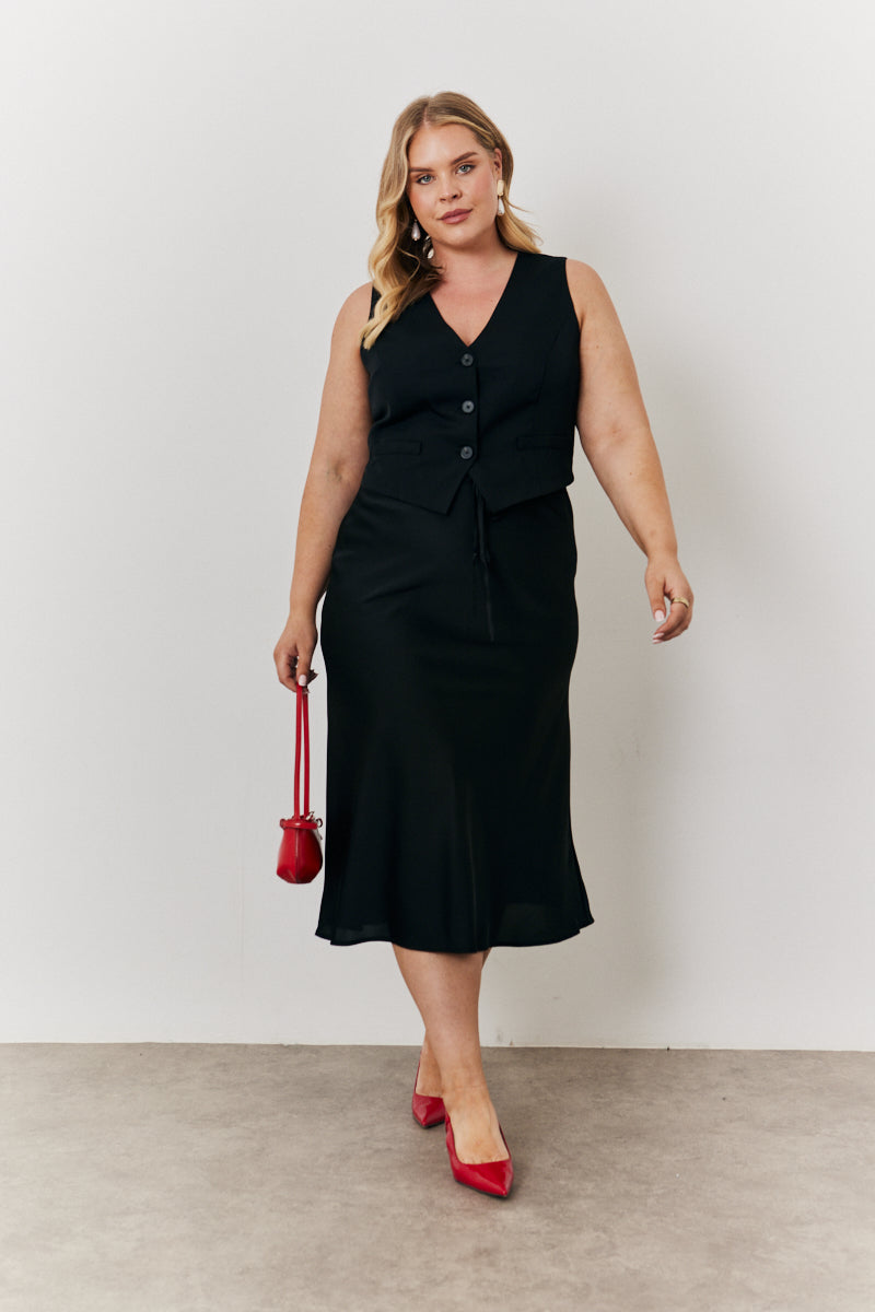 Midi Satin Slip Skirt with Tie Waist