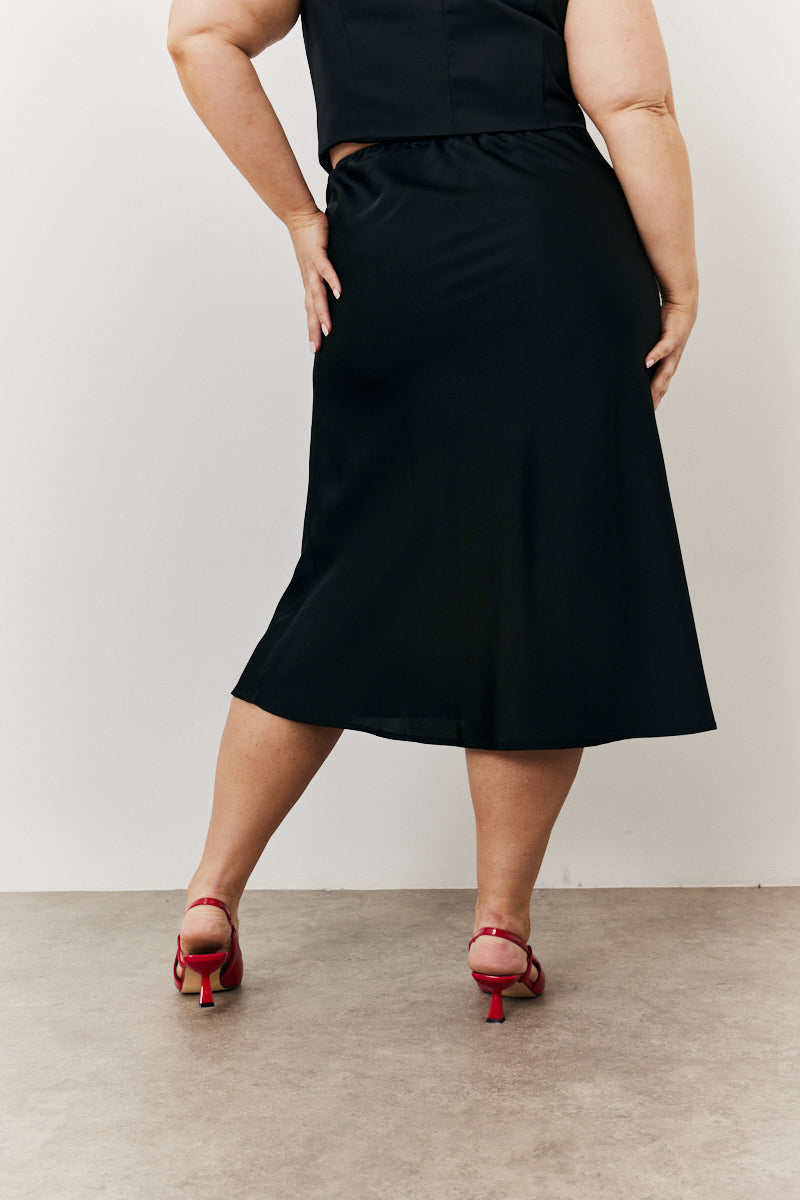 Midi Satin Slip Skirt with Tie Waist