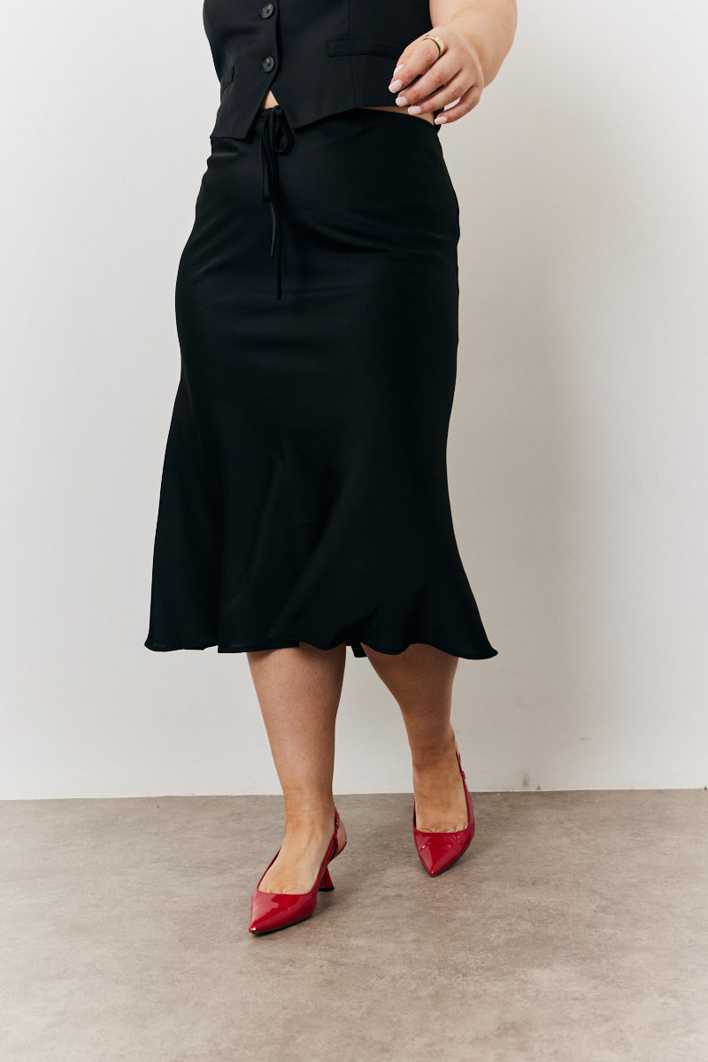 Midi Satin Slip Skirt with Tie Waist