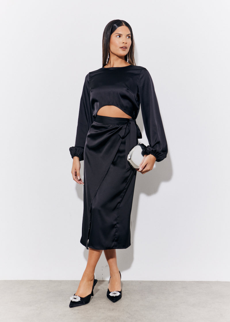 Black Satin Wrap Midi Skirt