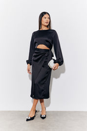 Black Satin Wrap Midi Skirt