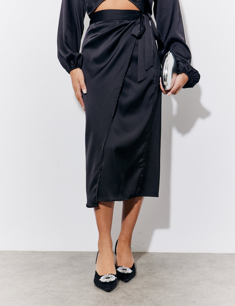 Black Satin Wrap Midi Skirt