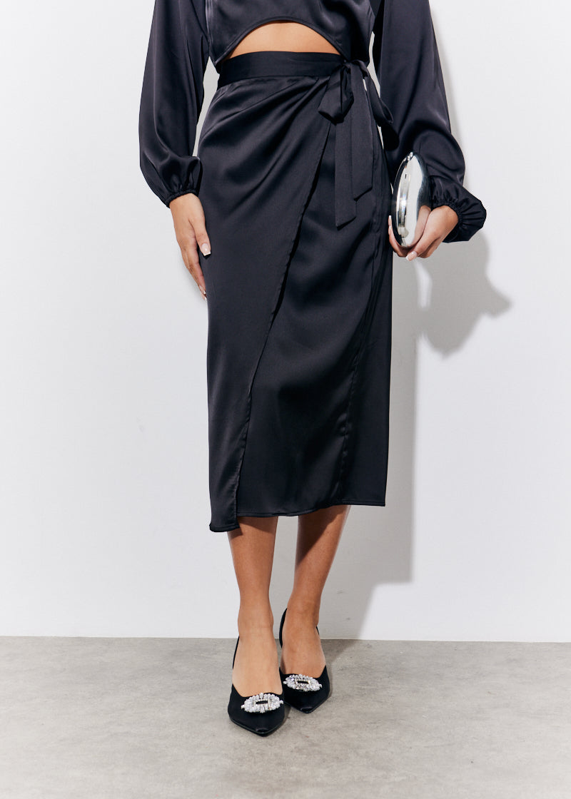 Black Satin Wrap Midi Skirt
