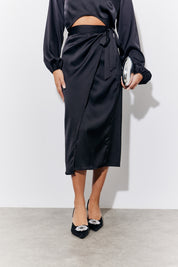 Black Satin Wrap Midi Skirt