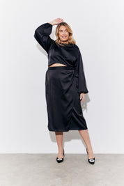 Black Satin Wrap Midi Skirt
