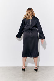 Black Satin Wrap Midi Skirt