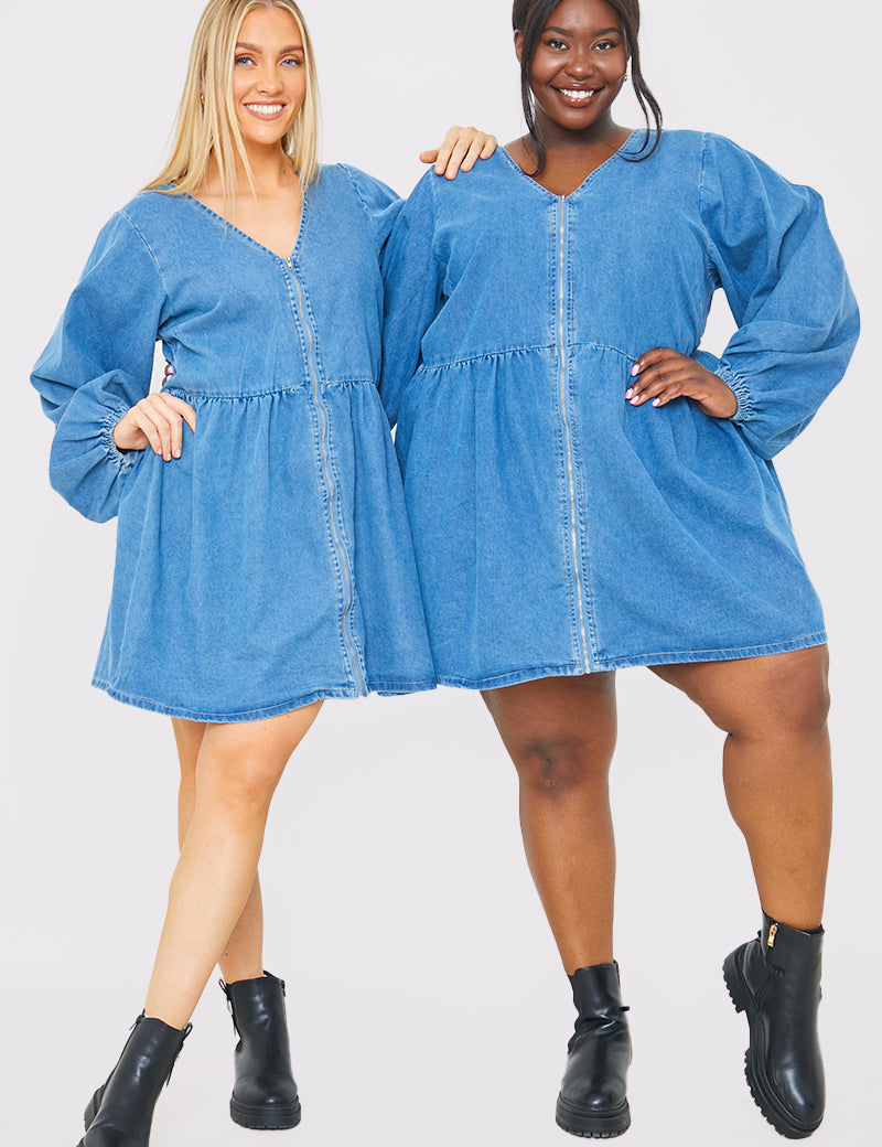 V NECK ZIP DENIM MINI DRESS