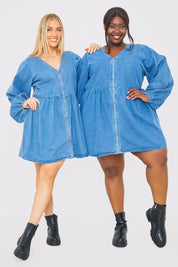 V NECK ZIP DENIM MINI DRESS