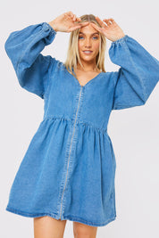 V NECK ZIP DENIM MINI DRESS