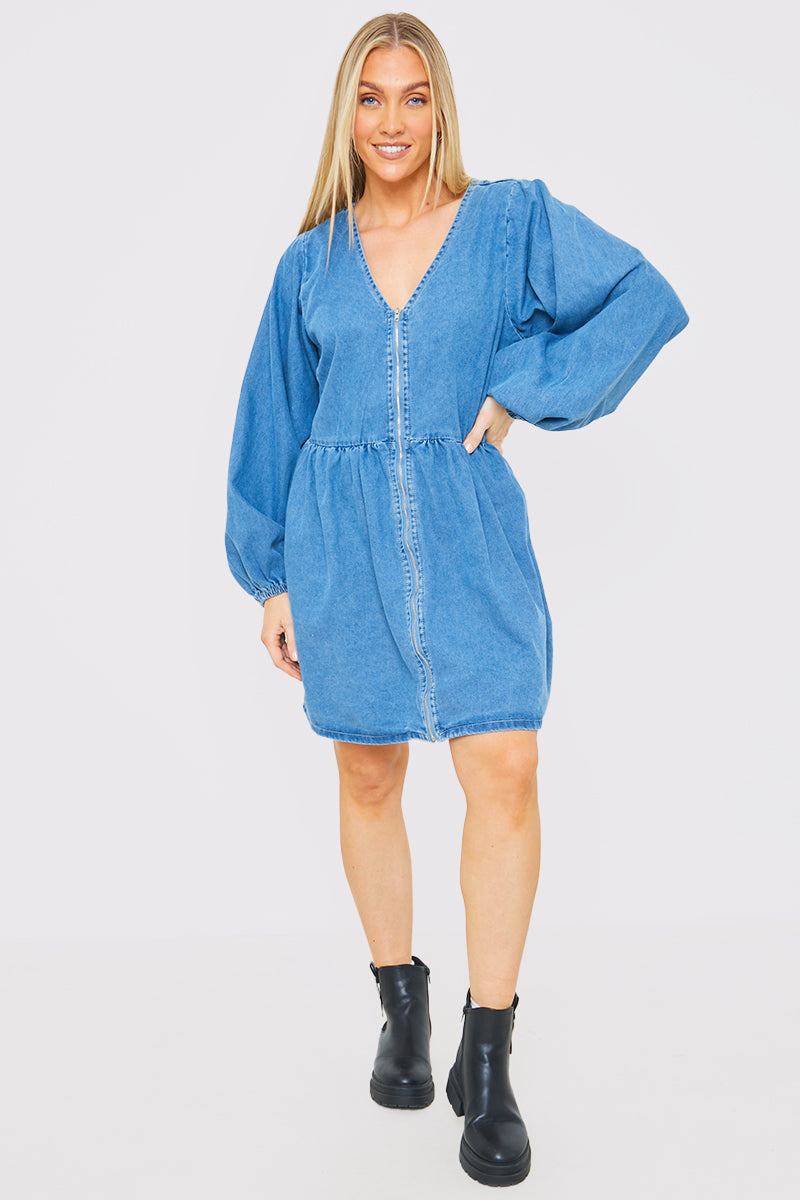 V NECK ZIP DENIM MINI DRESS