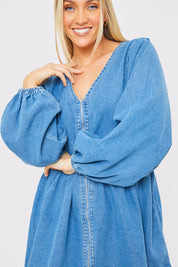 V NECK ZIP DENIM MINI DRESS