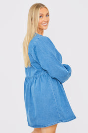 V NECK ZIP DENIM MINI DRESS