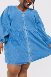 V NECK ZIP DENIM MINI DRESS