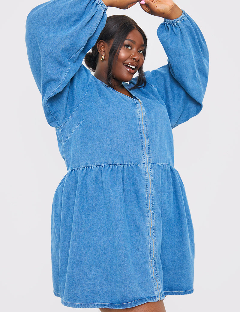 V NECK ZIP DENIM MINI DRESS