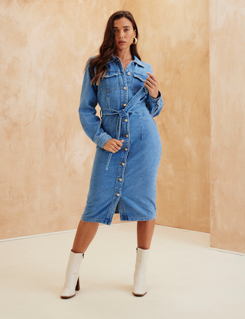 Button Through Tie Waist Denim Dress