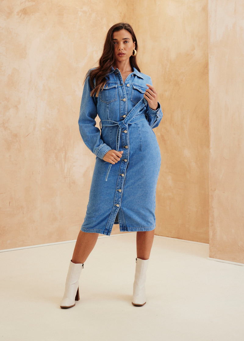 Button Through Tie Waist Denim Dress