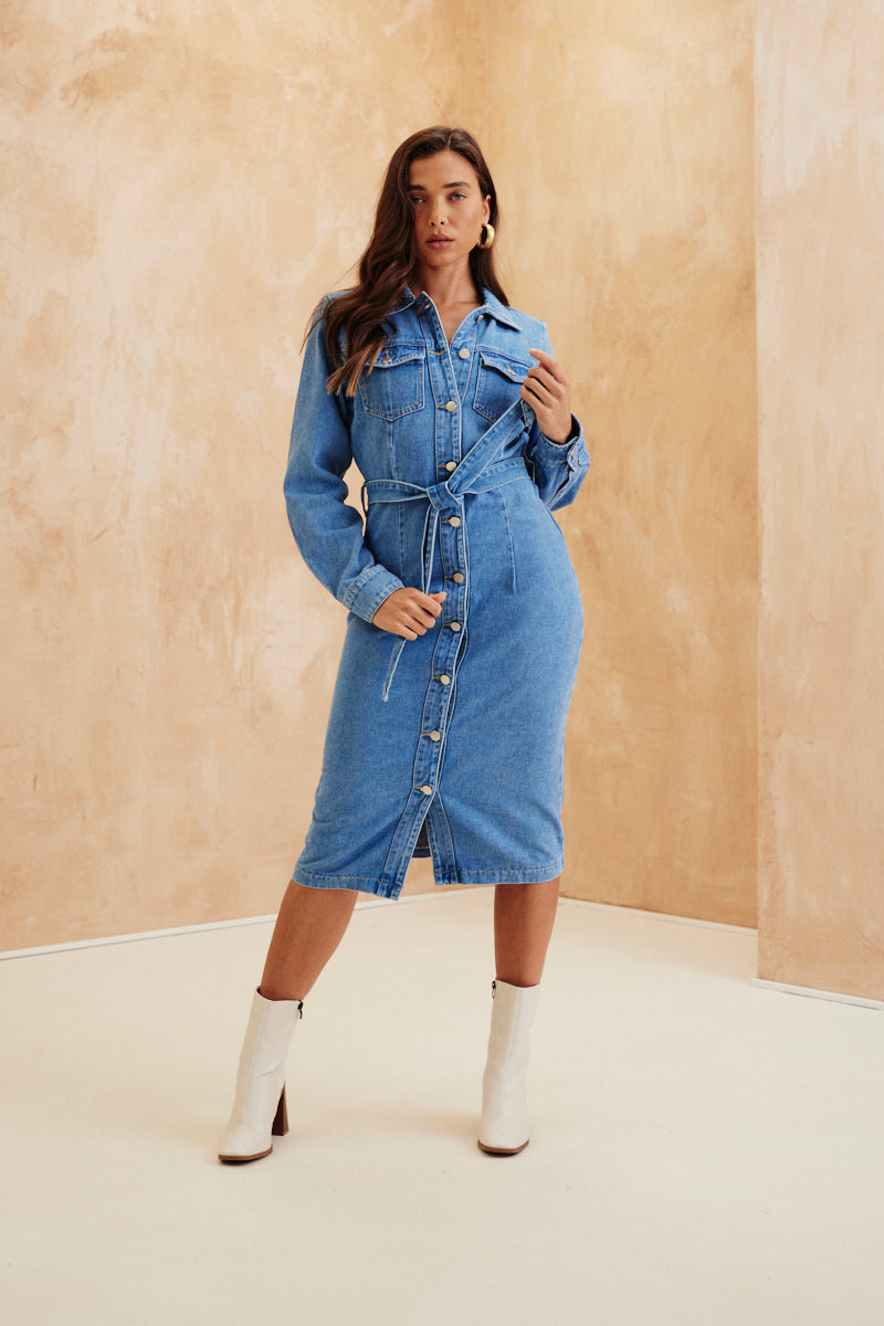 Button Through Tie Waist Denim Dress – InTheStyle