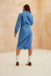 Button Through Tie Waist Denim Dress