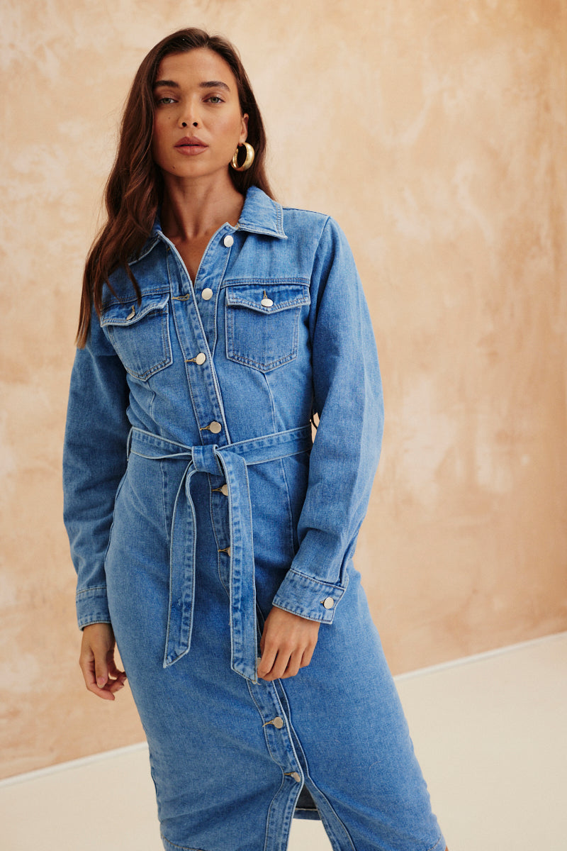 Button Through Tie Waist Denim Dress