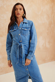 Button Through Tie Waist Denim Dress
