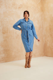 Button Through Tie Waist Denim Dress