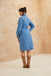 Button Through Tie Waist Denim Dress
