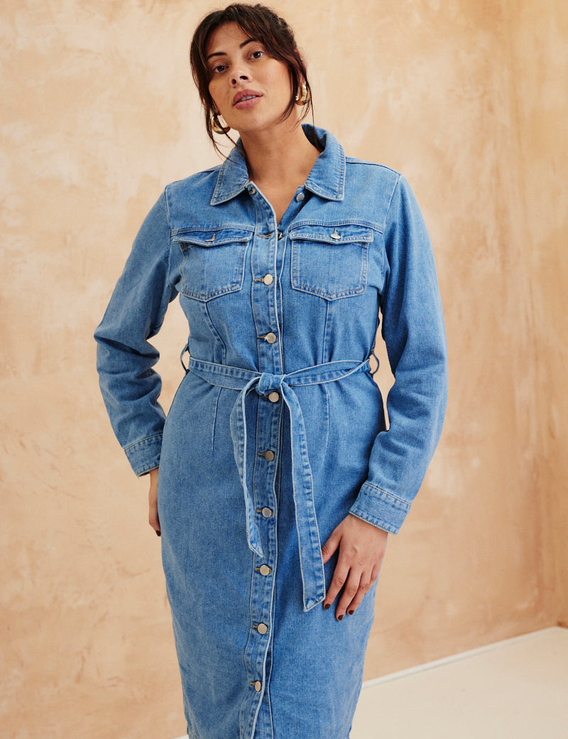 Button Through Tie Waist Denim Dress