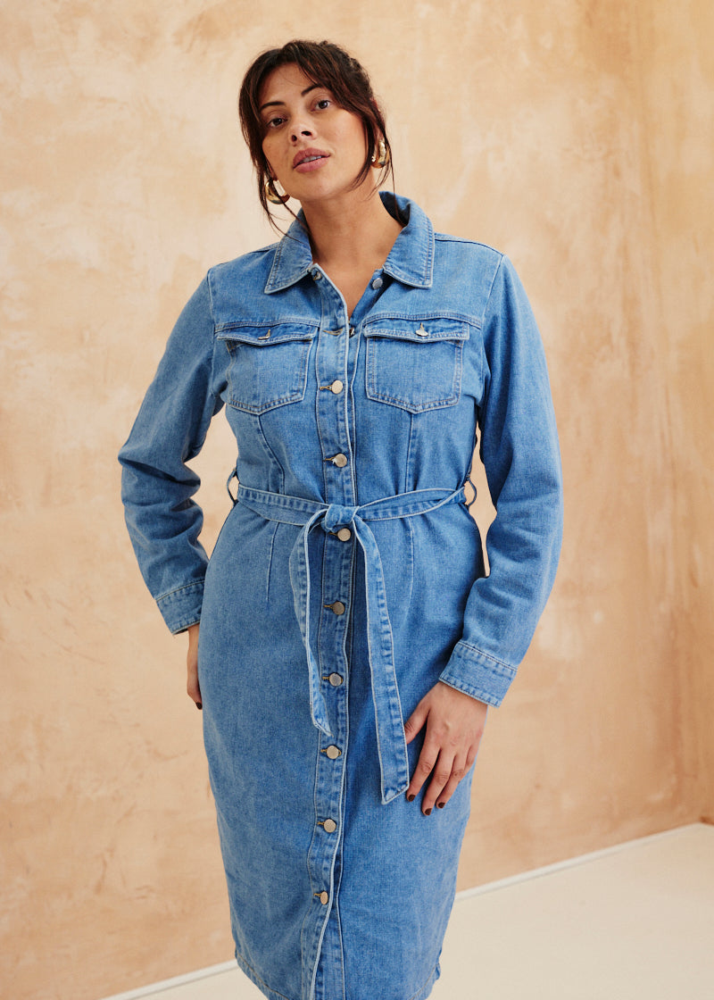 Button Through Tie Waist Denim Dress