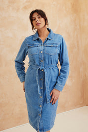 Button Through Tie Waist Denim Dress