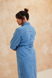 Button Through Tie Waist Denim Dress
