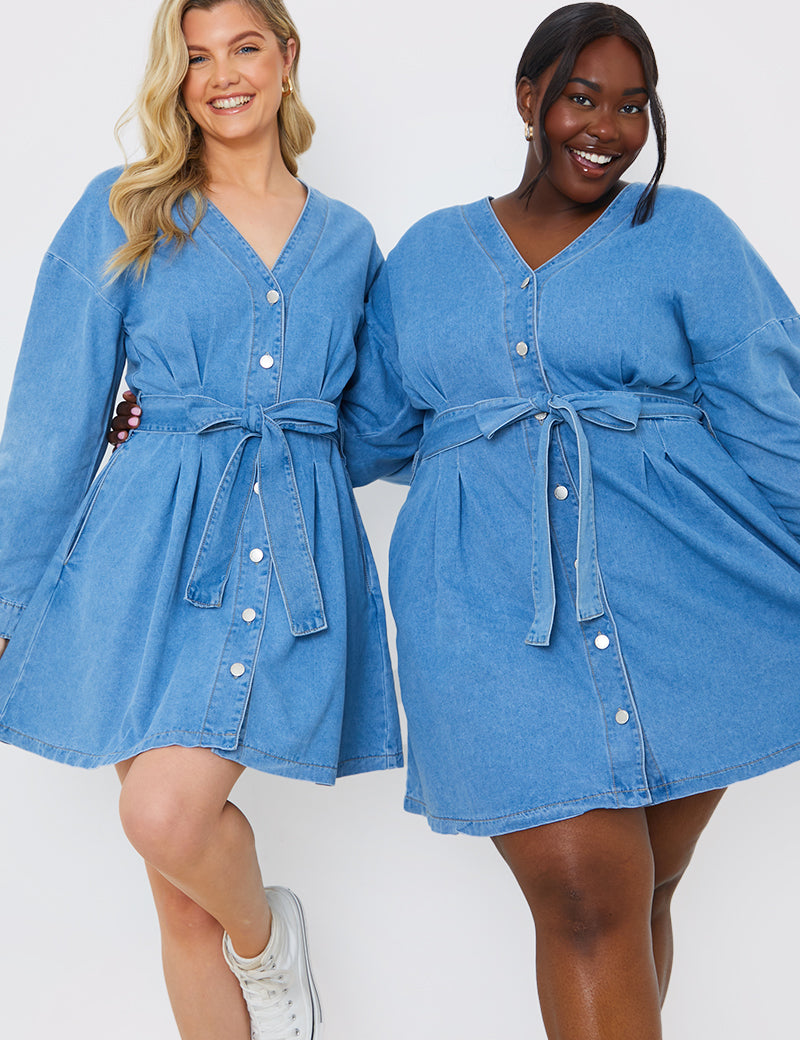 Button Through Tie Waist Denim Shirt Dress