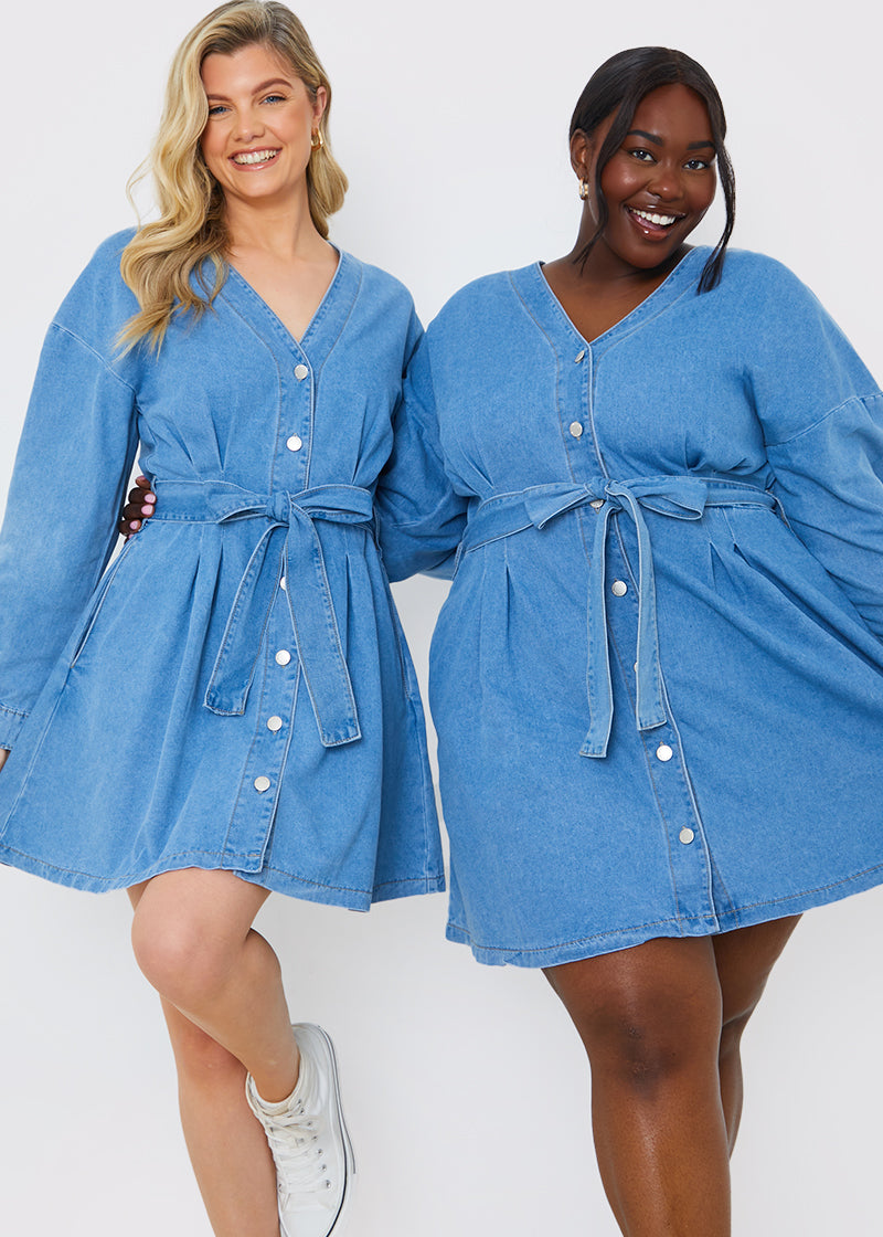 Button Through Tie Waist Denim Shirt Dress