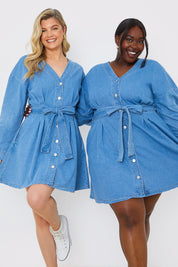 Button Through Tie Waist Denim Shirt Dress