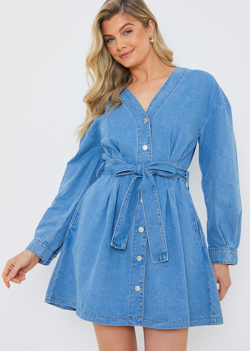 Button Through Tie Waist Denim Shirt Dress