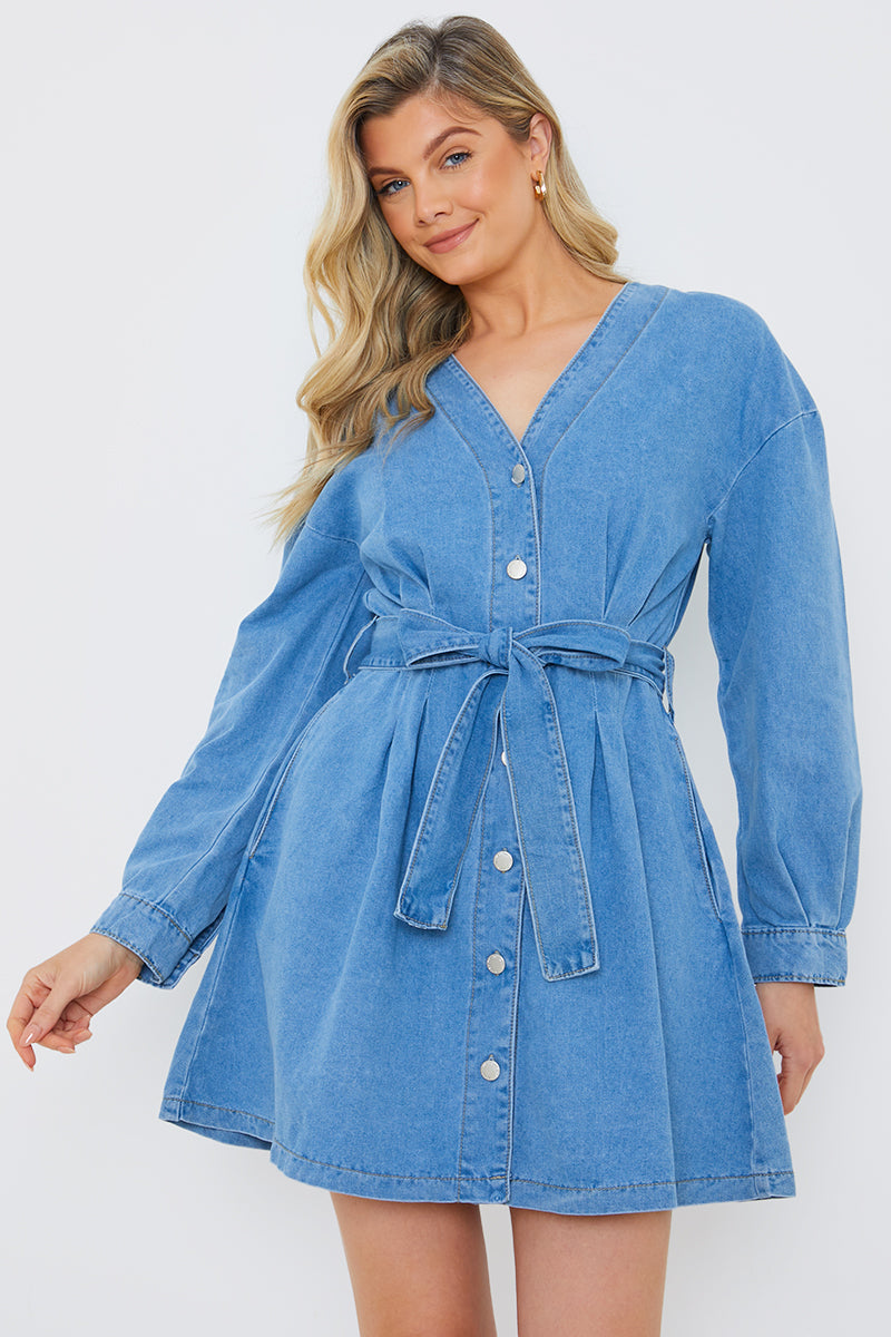 Button Through Tie Waist Denim Shirt Dress