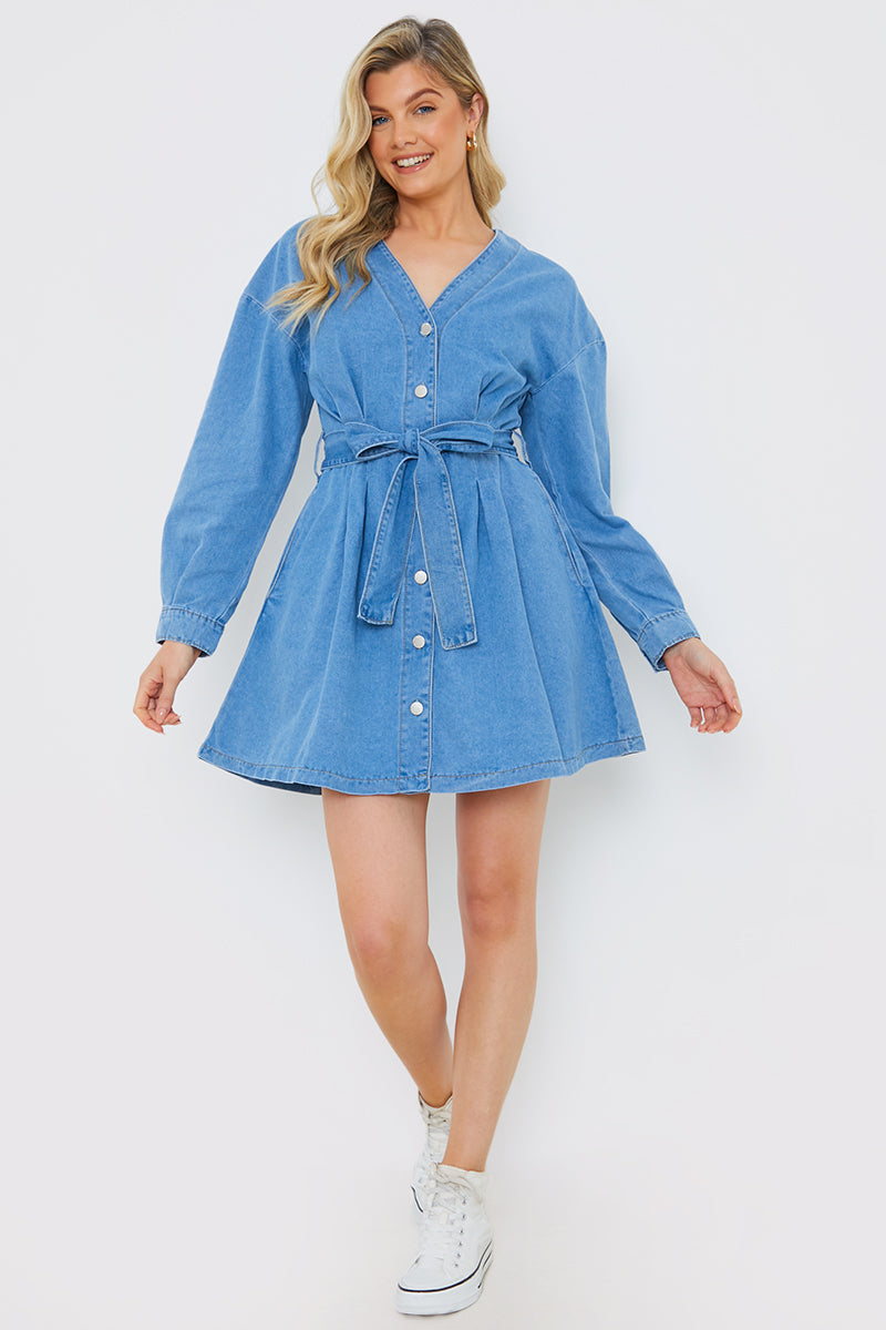 Button Through Tie Waist Denim Shirt Dress