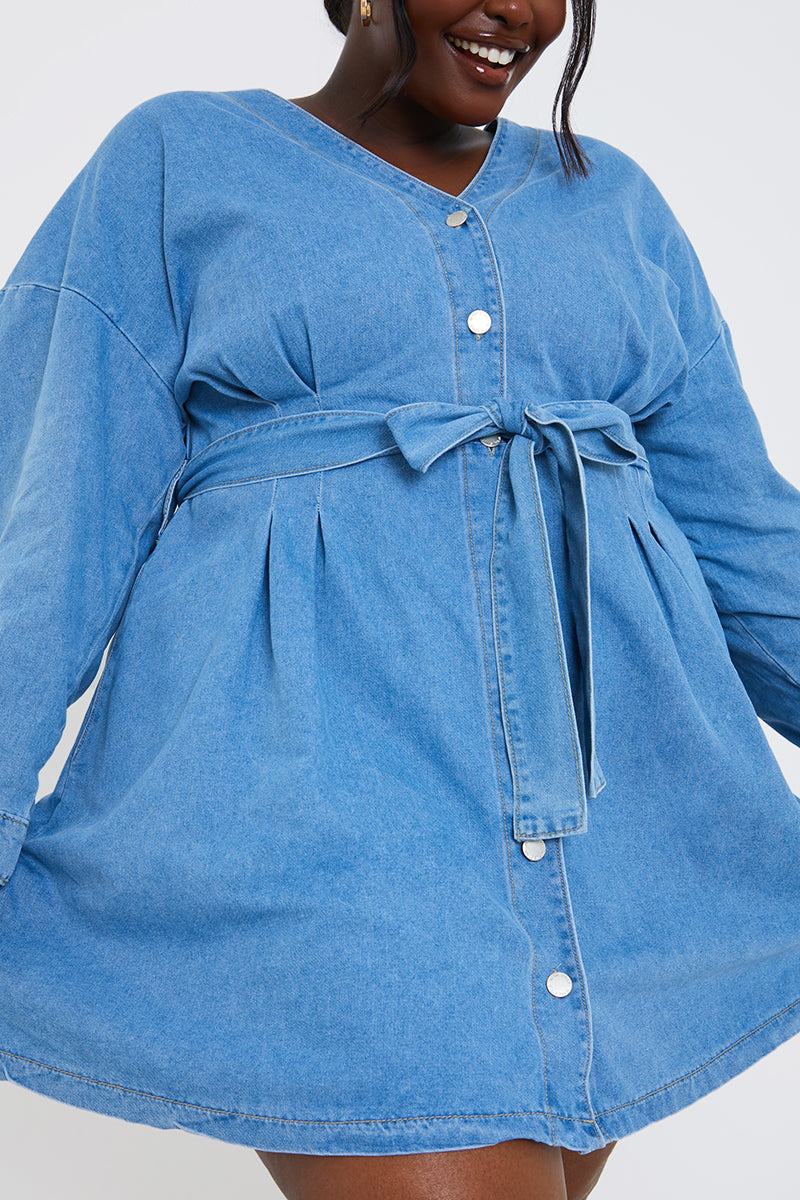 Button Through Tie Waist Denim Shirt Dress
