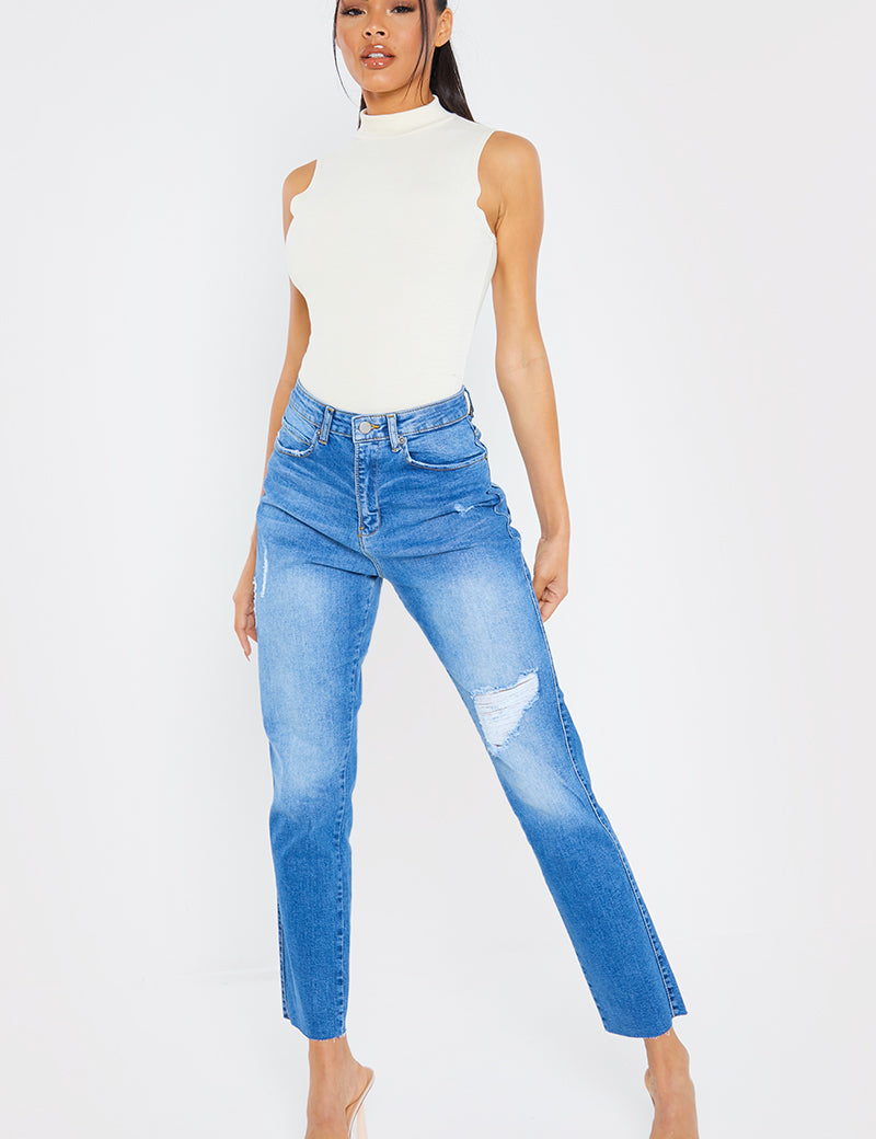 Washed Ripped High Waisted Stretch Mom Jeans