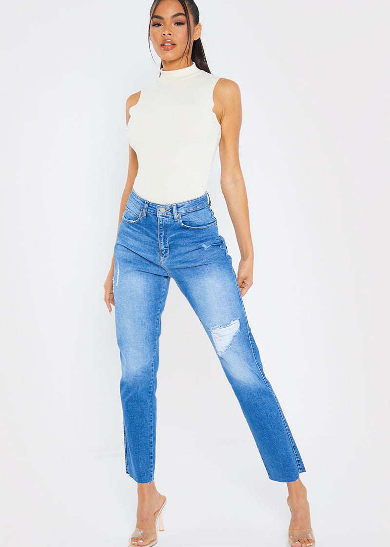 Washed Ripped High Waisted Stretch Mom Jeans
