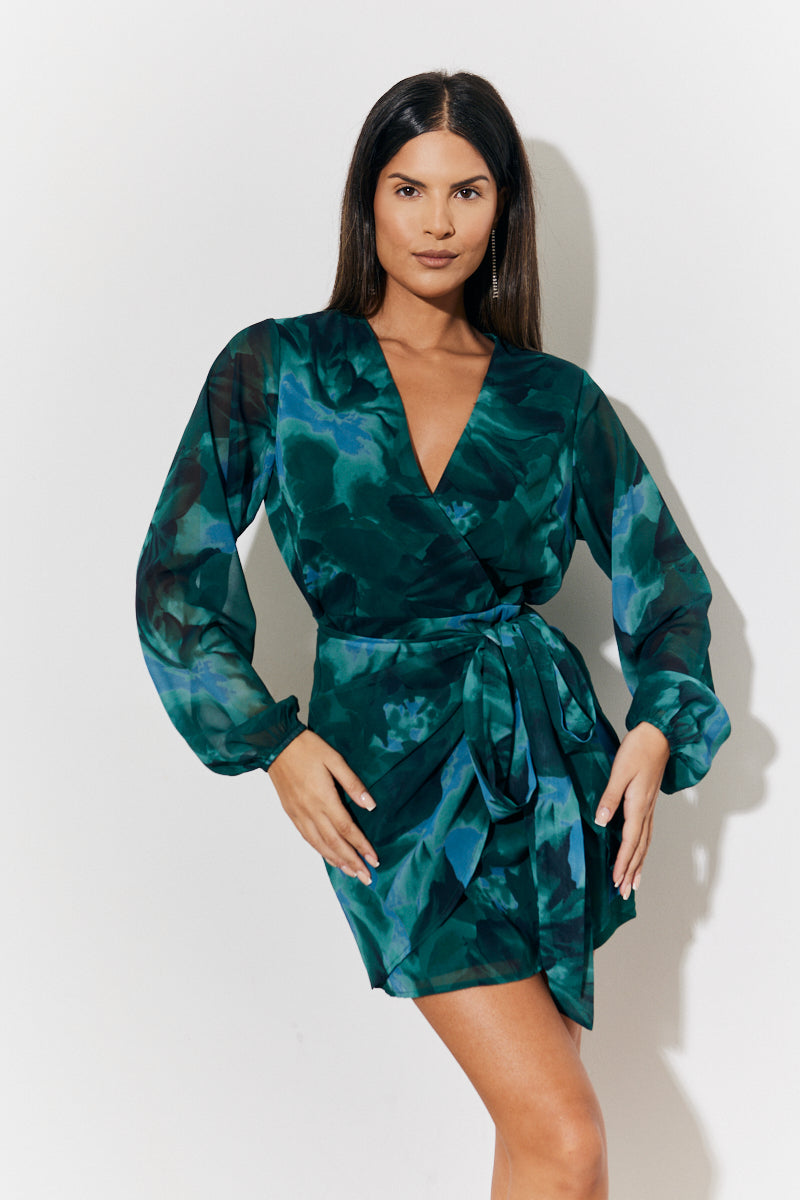 Printed Wrap Detail Mini Dress