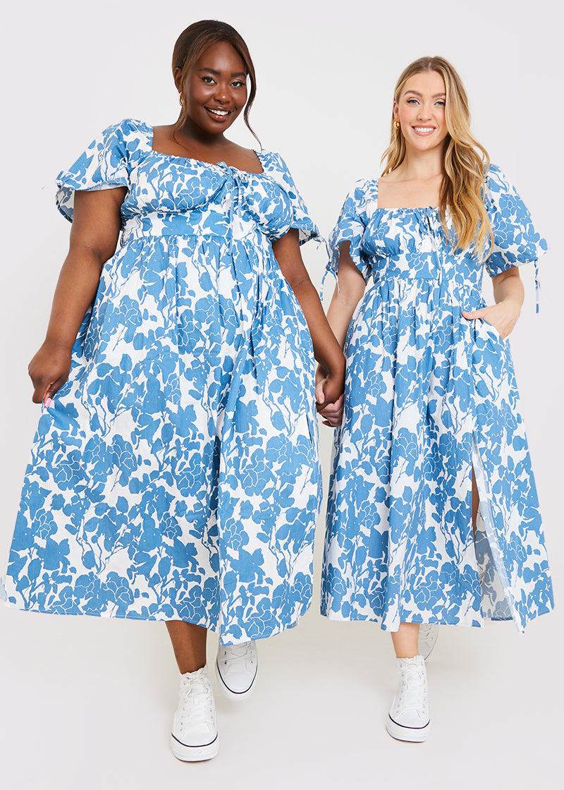 Floral Print Puff Sleeve Sweetheart Midi Dress