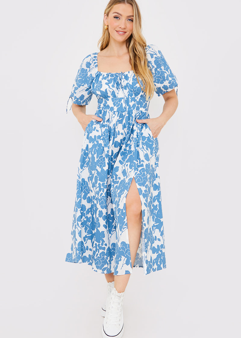 Floral Print Puff Sleeve Sweetheart Midi Dress