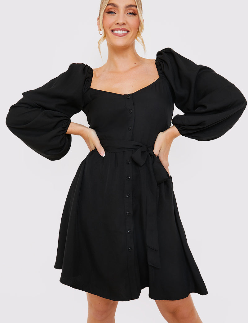 Button Down Puff Sleeve Mini Dress