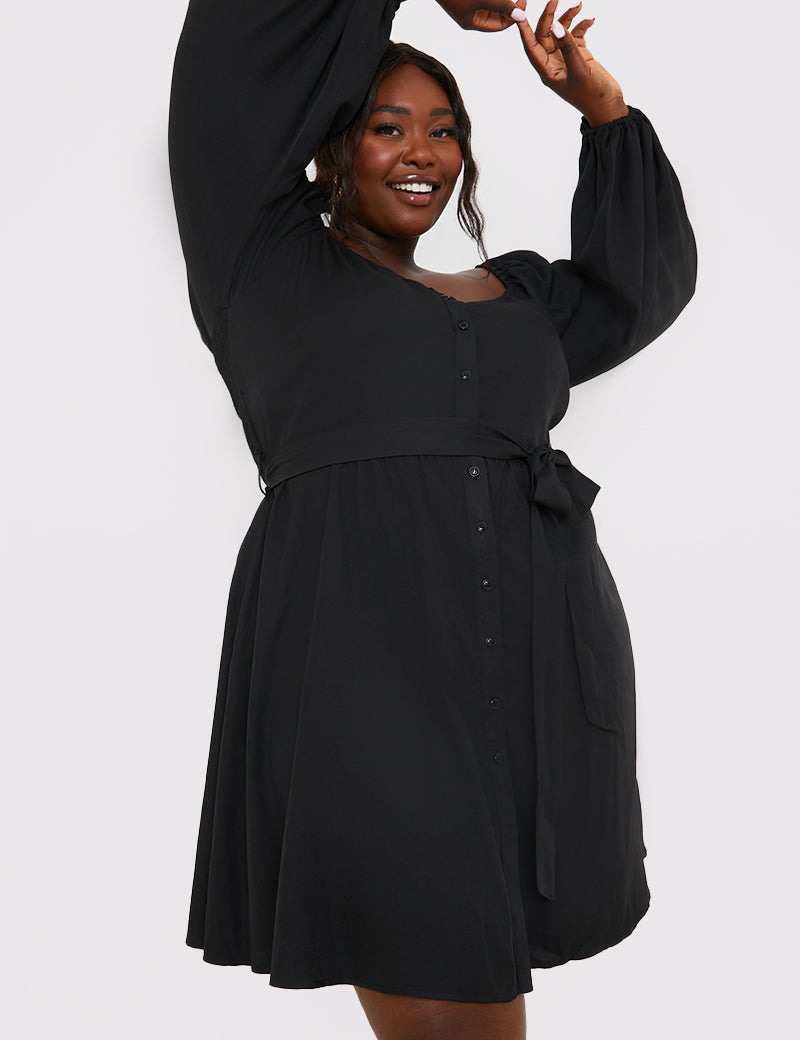 Button Down Puff Sleeve Mini Dress