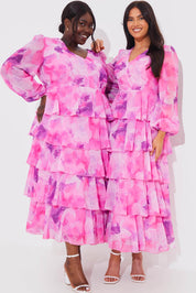 Abstract Floral Chiffon Frill Midaxi Dress - InTheStyle