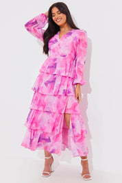 Abstract Floral Chiffon Frill Midaxi Dress - InTheStyle
