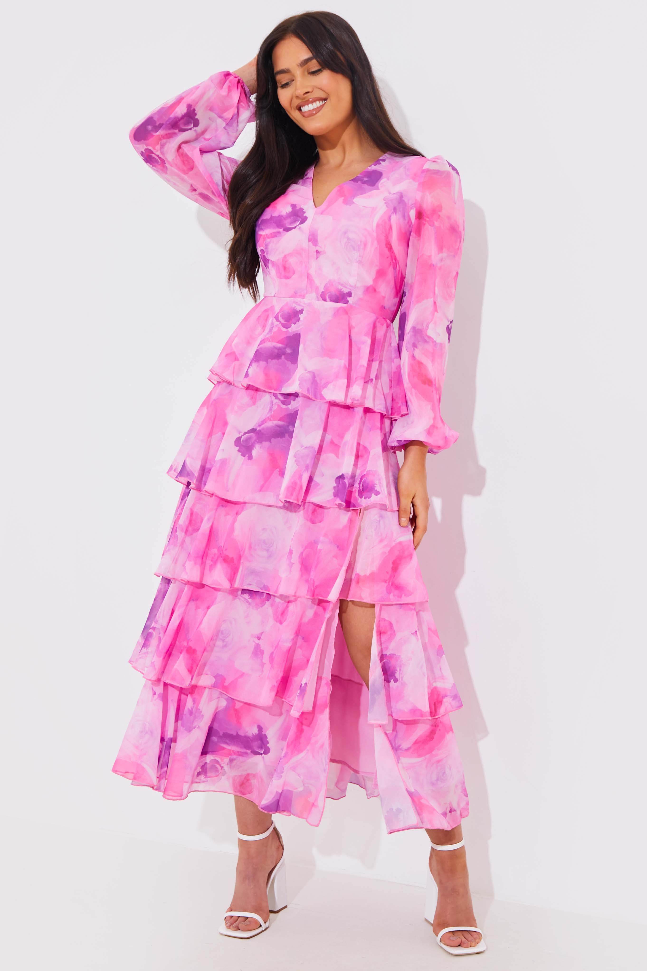 Abstract Floral Chiffon Frill Midaxi Dress - InTheStyle
