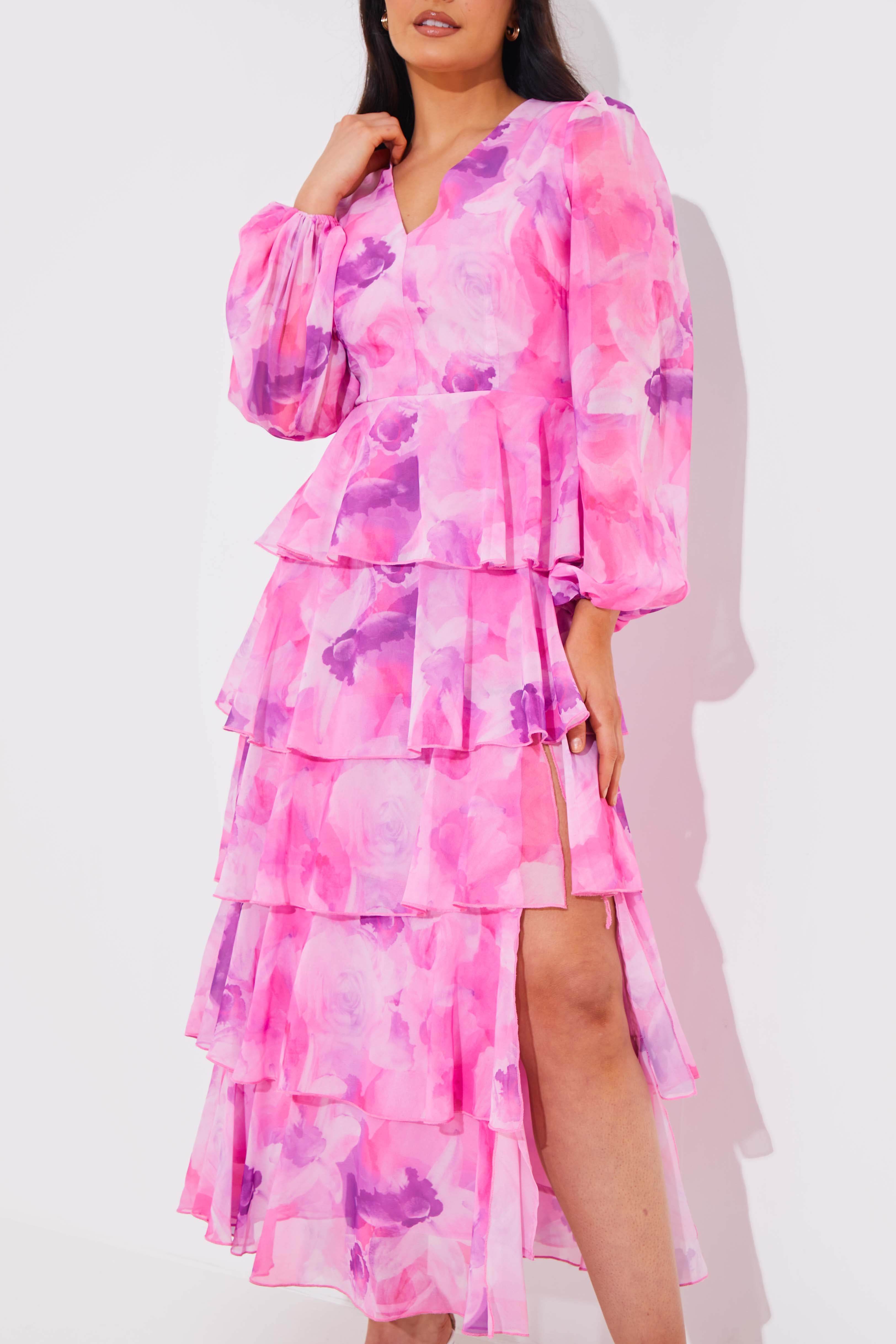 Abstract Floral Chiffon Frill Midaxi Dress - InTheStyle