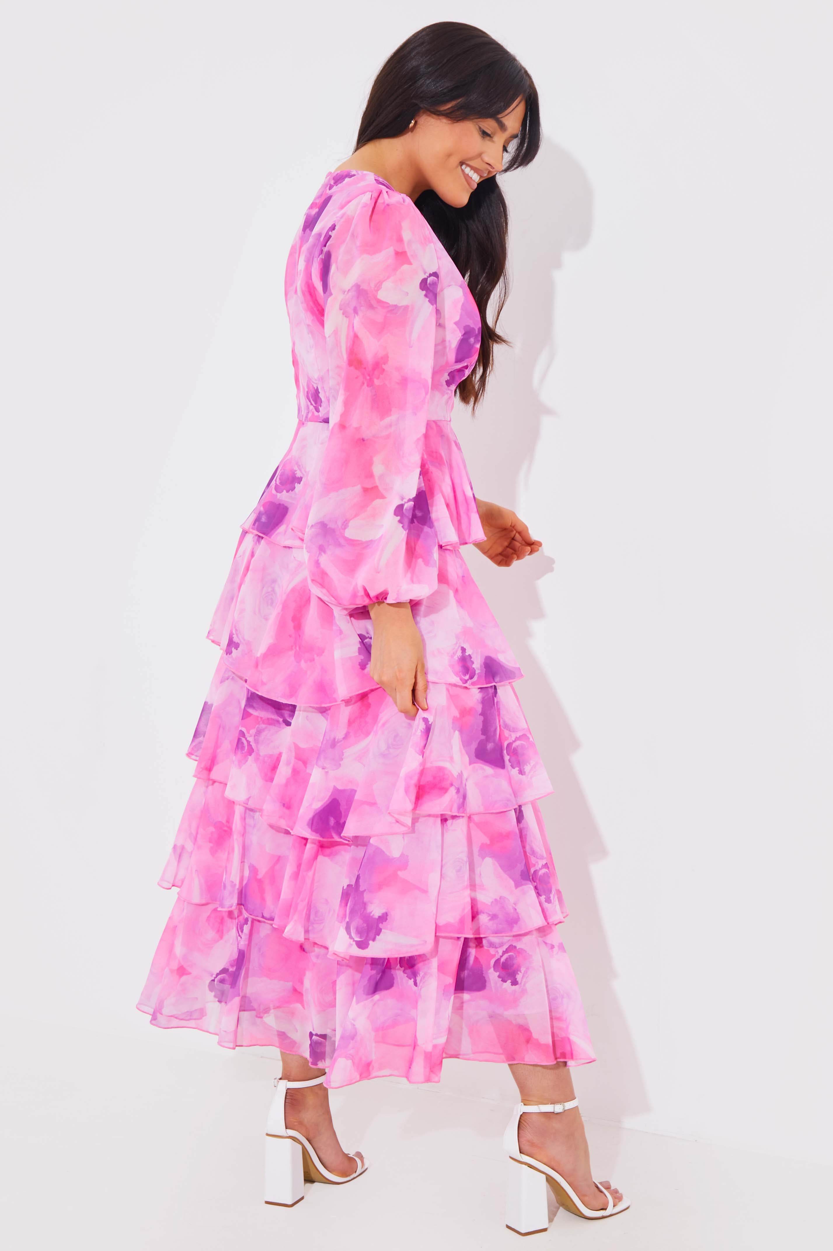 Abstract Floral Chiffon Frill Midaxi Dress - InTheStyle
